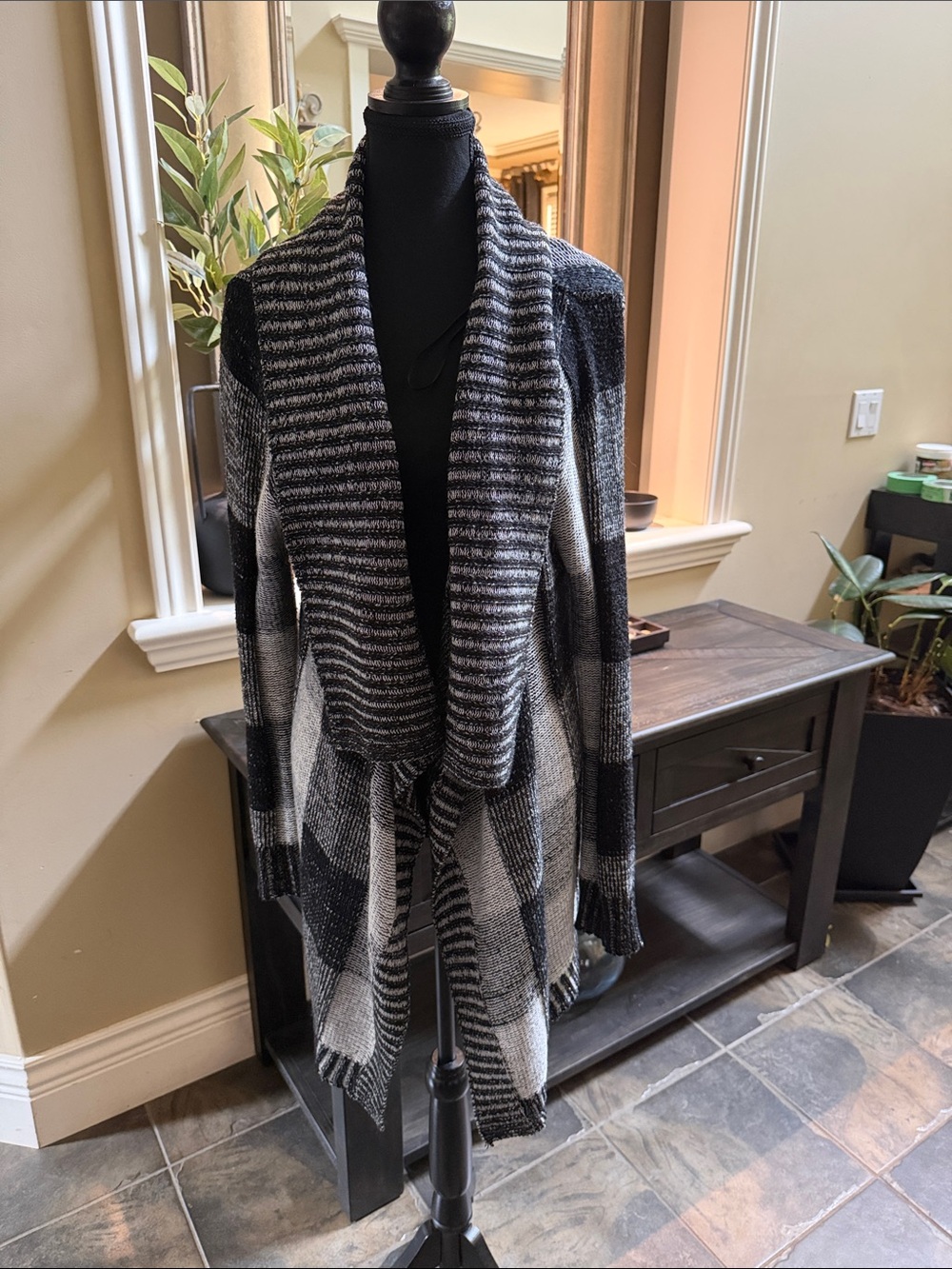 Warehouse One Black & Gray Plaid Open-Front Shawl Cardigan